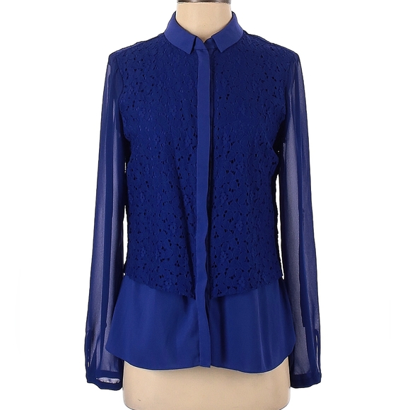 T Tahari Indigo Sheer Floral Embroidered Long Sleeve Button Up Top Size Medium - Picture 9 of 10